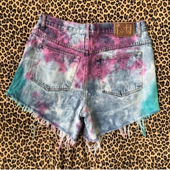 Vintage Jean Shorts Tie Dye Bleach Vapor Wave High Waisted Mom Rise 32” 90s Pink - Picture 6 of 8